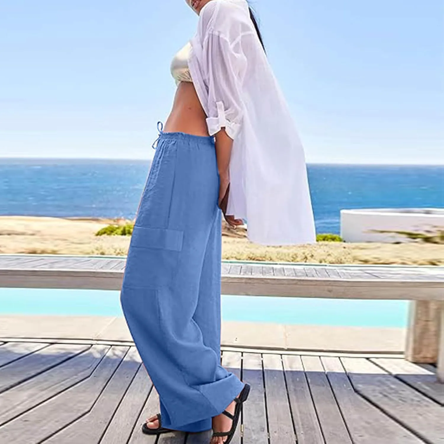 Women Palazzo Pants with Pockets Summer Casual Wide Leg High Waist Lounge Pants Flowy Beach Trousers Travel