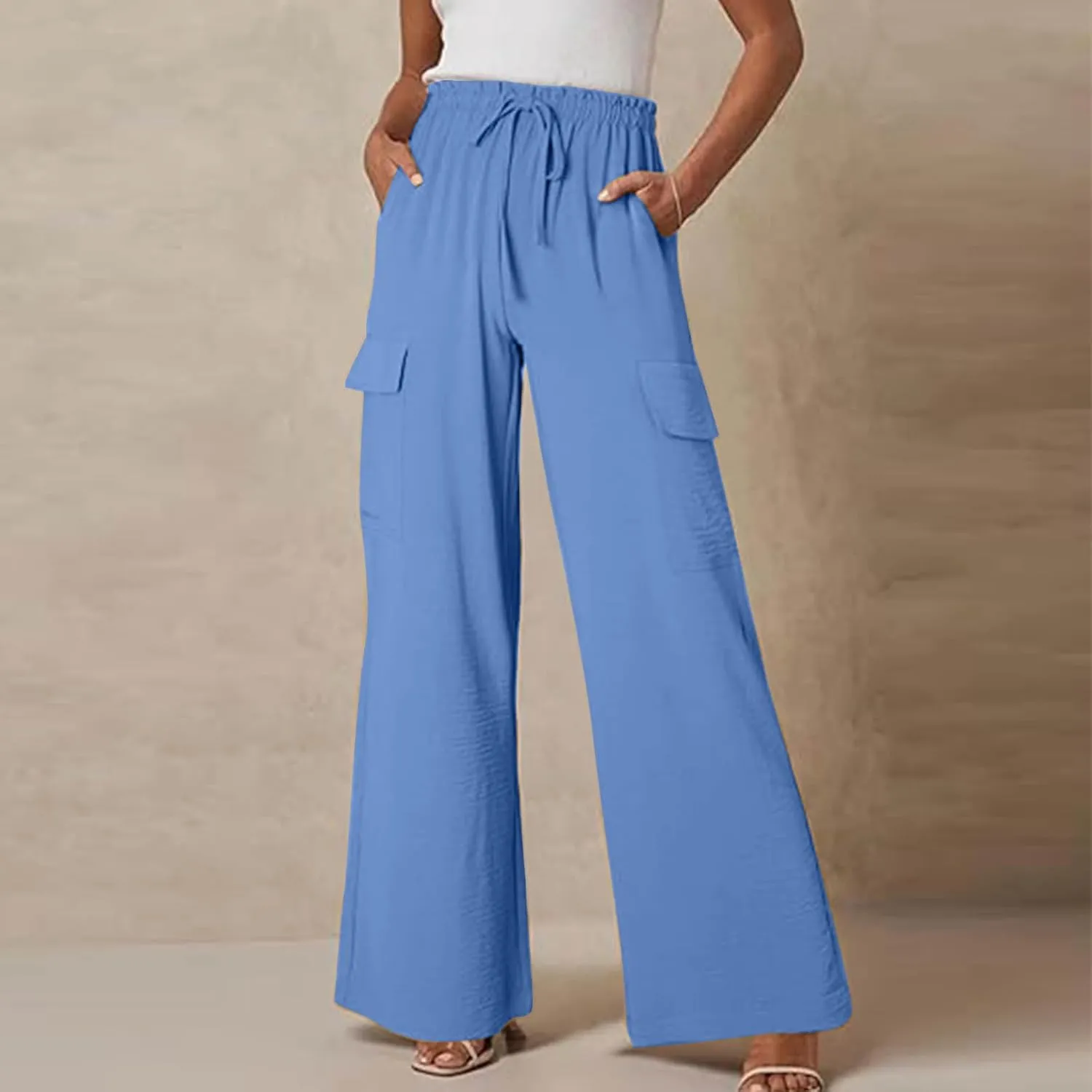 Women Palazzo Pants with Pockets Summer Casual Wide Leg High Waist Lounge Pants Flowy Beach Trousers Travel