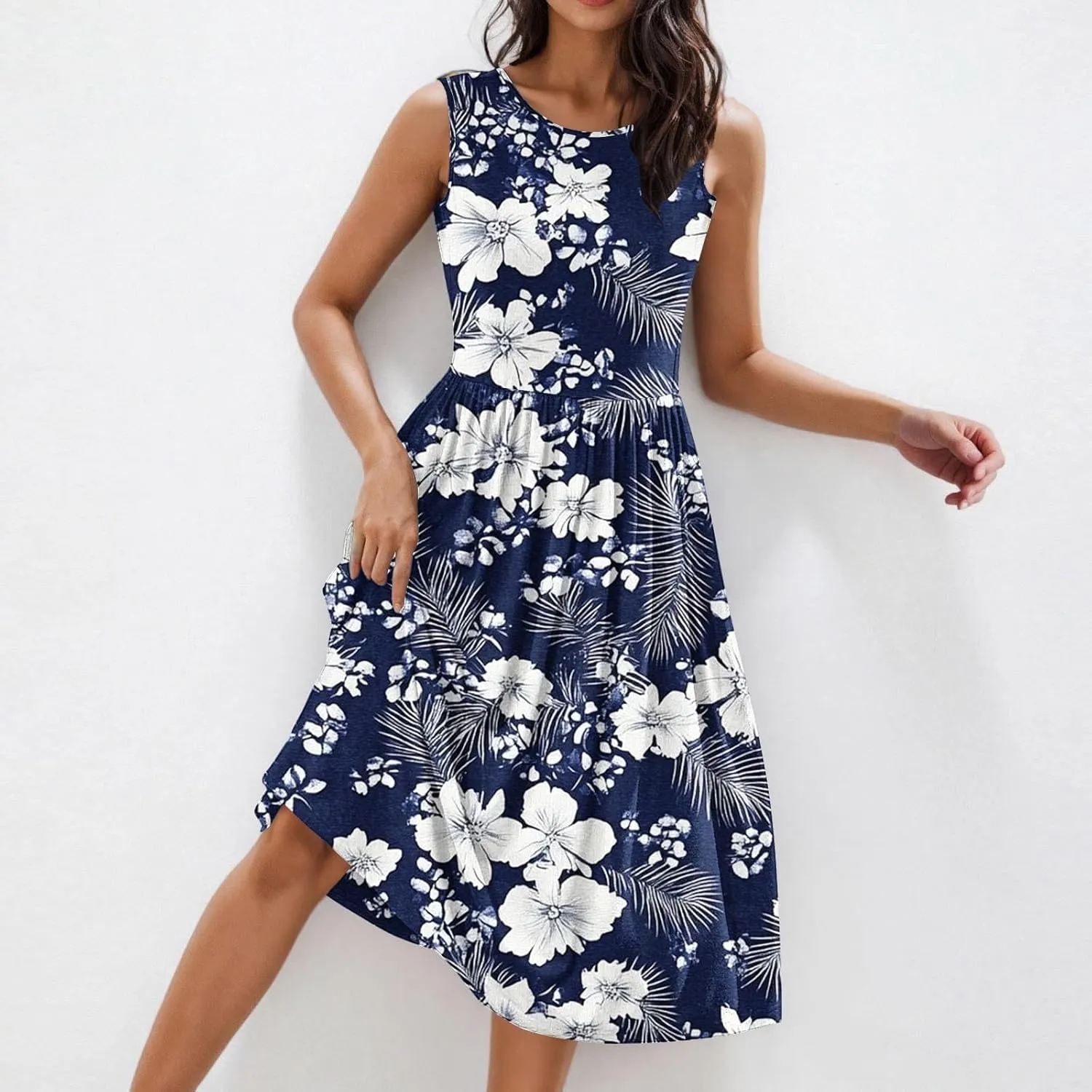 Women Patchwork Casual Dresses Fashion Floral Printed Skirt Summer Round Neck Sleeveless Pleated Beach Dress