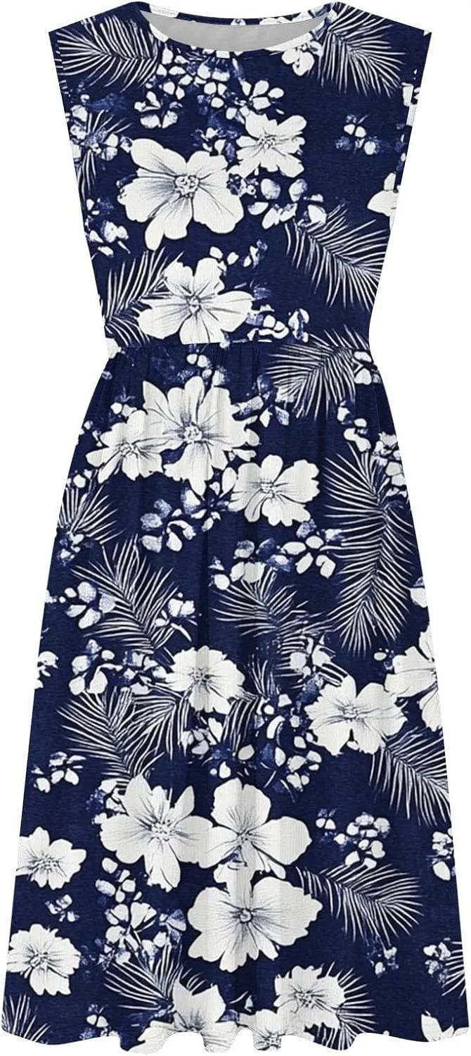 Women Patchwork Casual Dresses Fashion Floral Printed Skirt Summer Round Neck Sleeveless Pleated Beach Dress