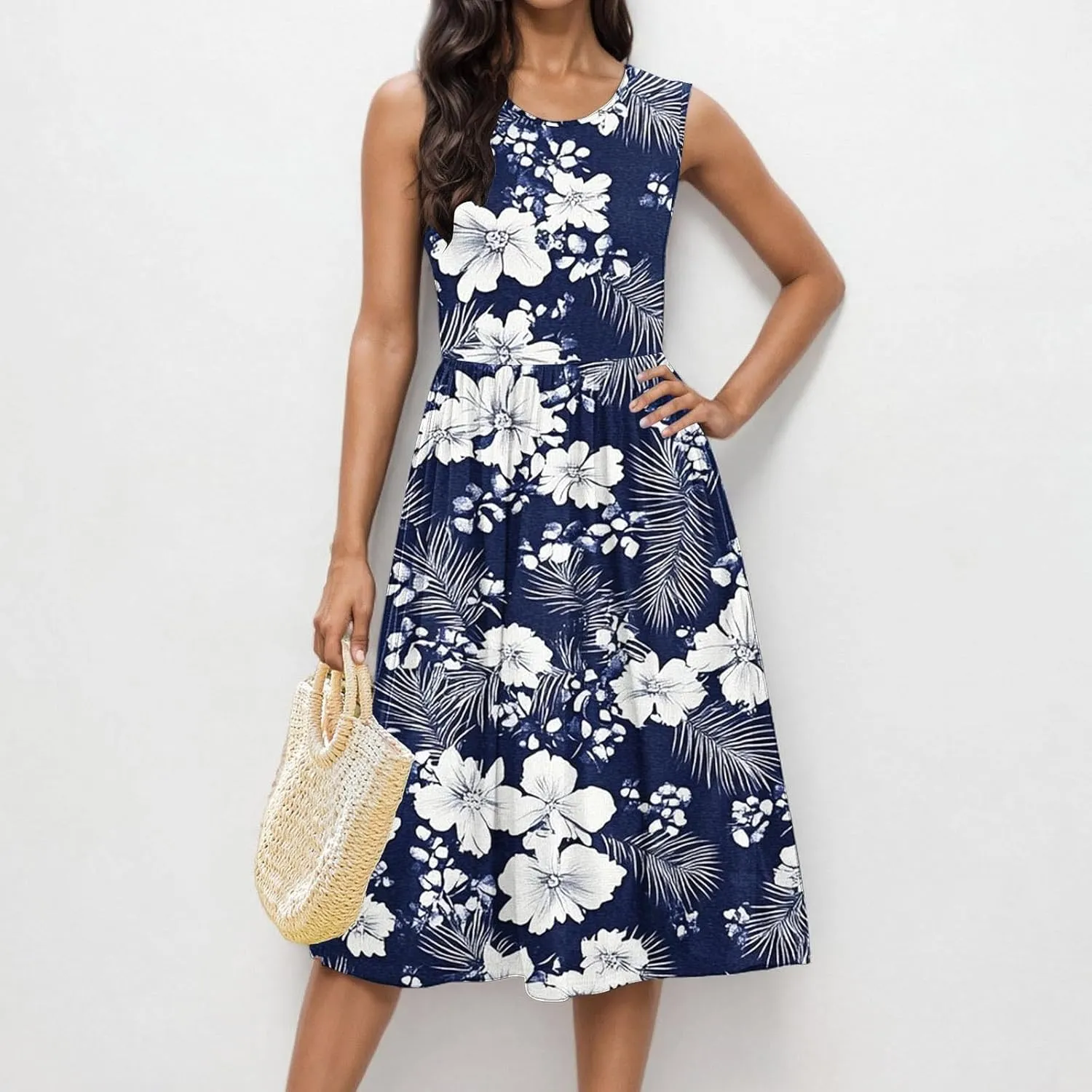 Women Patchwork Casual Dresses Fashion Floral Printed Skirt Summer Round Neck Sleeveless Pleated Beach Dress
