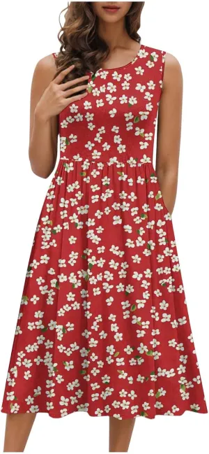 Women Patchwork Casual Dresses Fashion Floral Printed Skirt Summer Round Neck Sleeveless Pleated Beach Dress