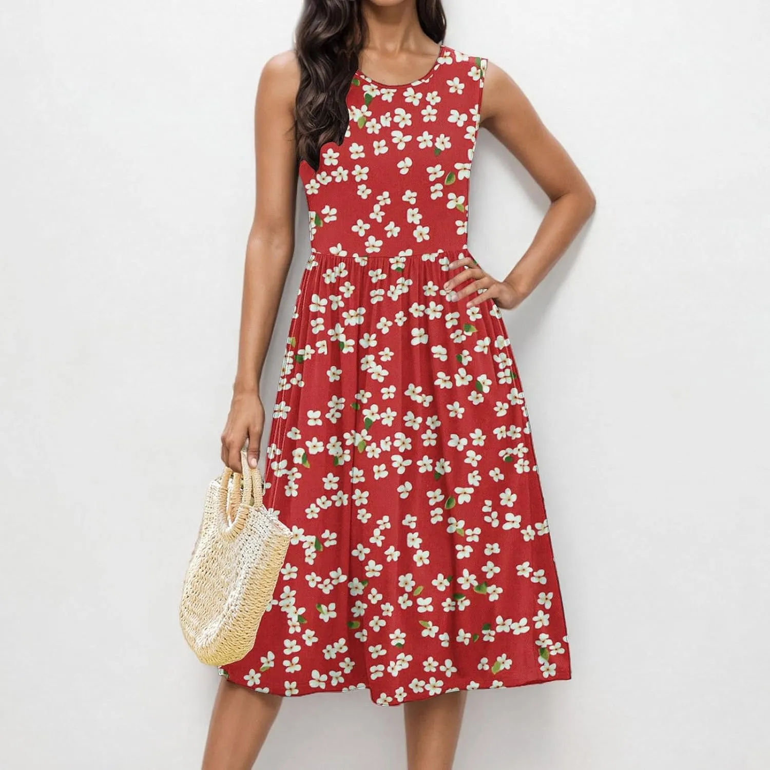 Women Patchwork Casual Dresses Fashion Floral Printed Skirt Summer Round Neck Sleeveless Pleated Beach Dress