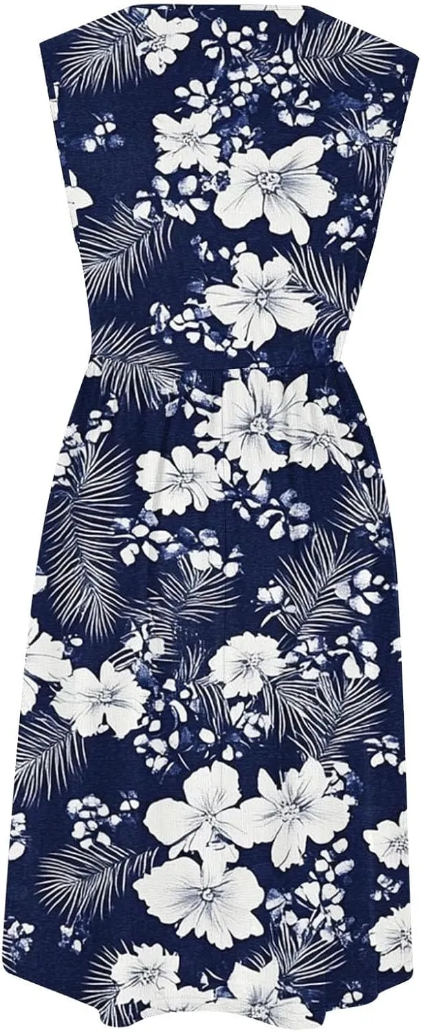 Women Patchwork Casual Dresses Fashion Floral Printed Skirt Summer Round Neck Sleeveless Pleated Beach Dress