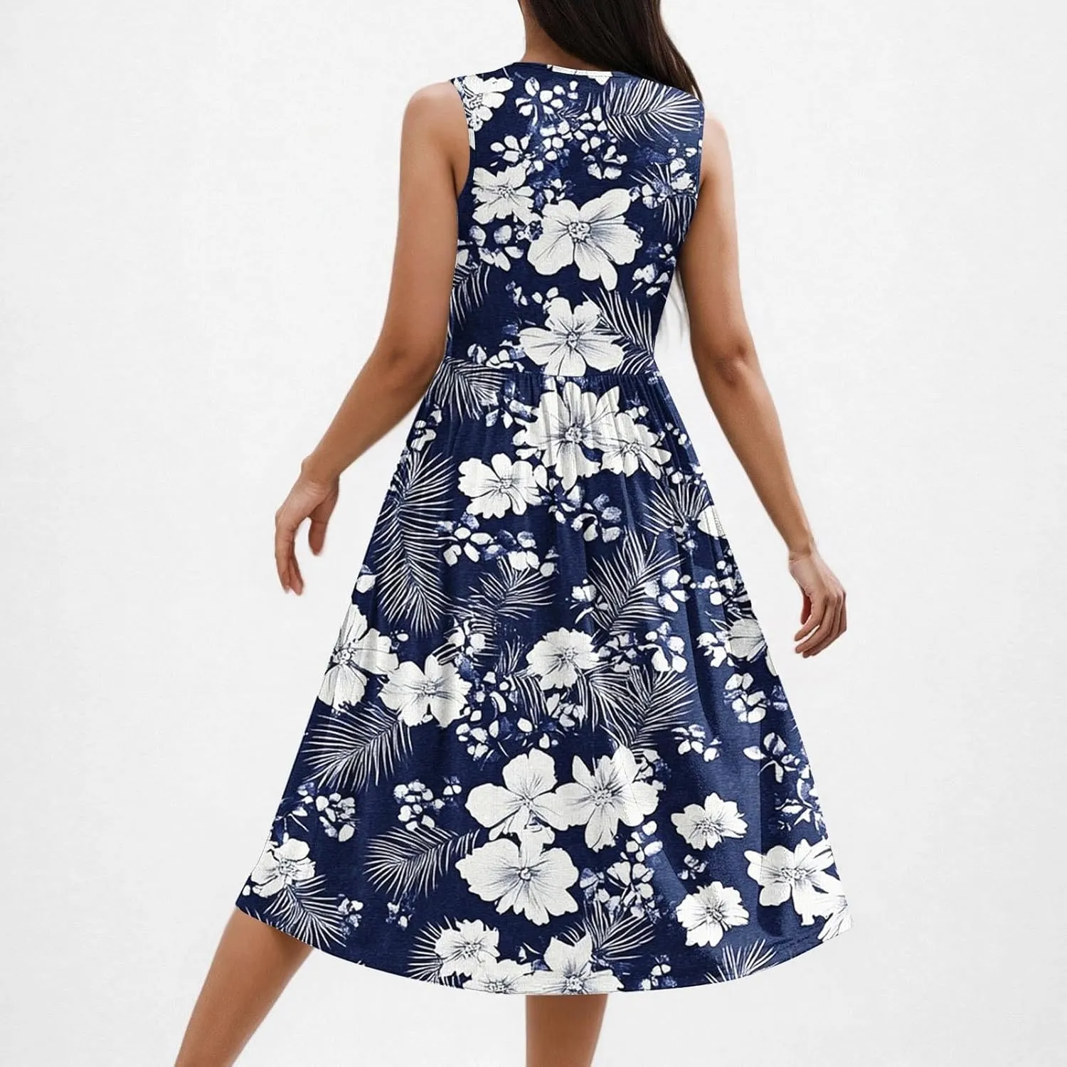 Women Patchwork Casual Dresses Fashion Floral Printed Skirt Summer Round Neck Sleeveless Pleated Beach Dress