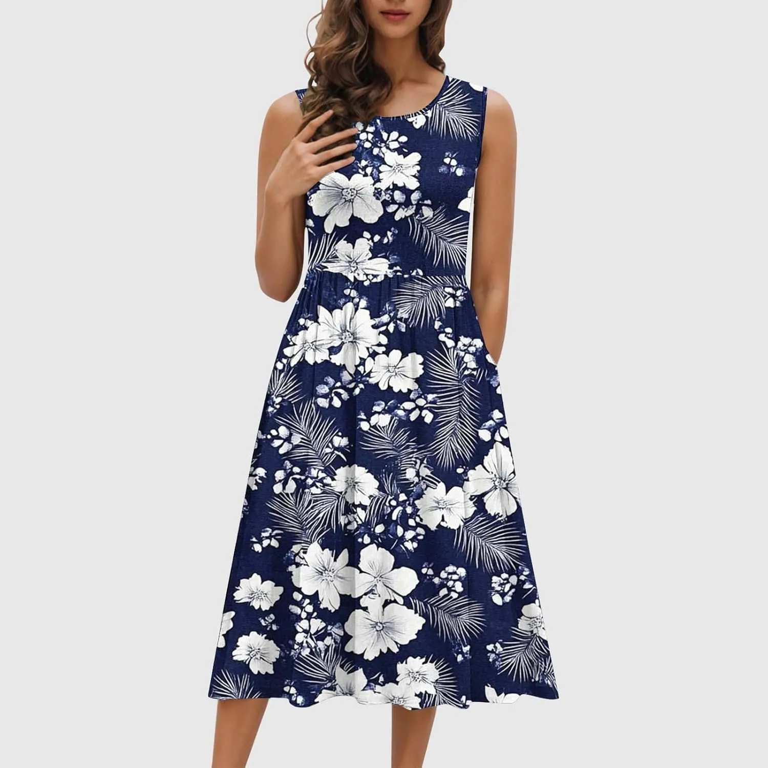 Women Patchwork Casual Dresses Fashion Floral Printed Skirt Summer Round Neck Sleeveless Pleated Beach Dress