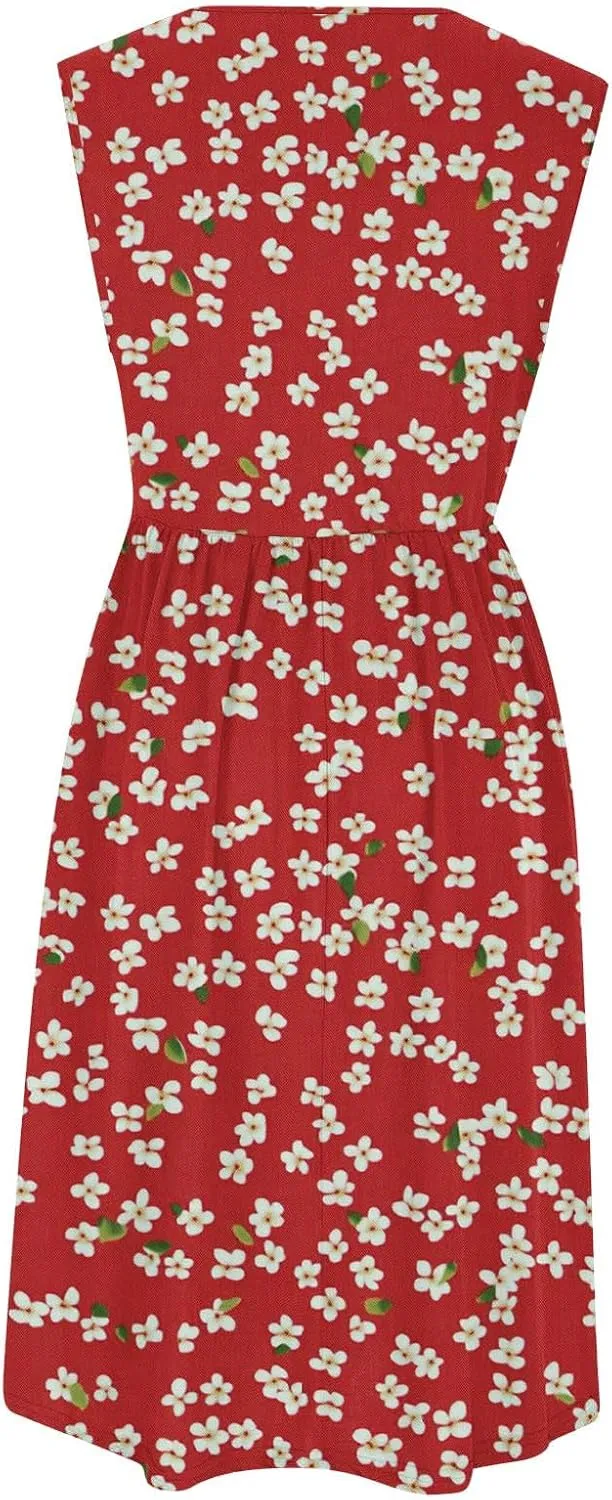 Women Patchwork Casual Dresses Fashion Floral Printed Skirt Summer Round Neck Sleeveless Pleated Beach Dress