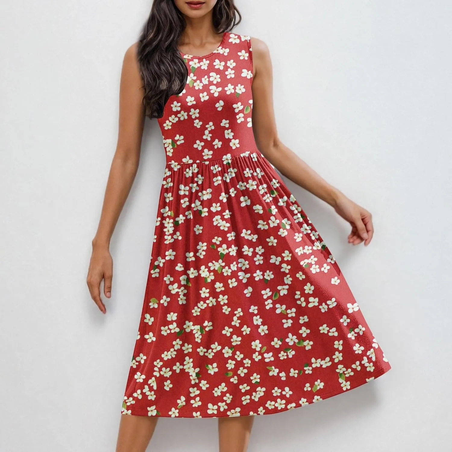 Women Patchwork Casual Dresses Fashion Floral Printed Skirt Summer Round Neck Sleeveless Pleated Beach Dress