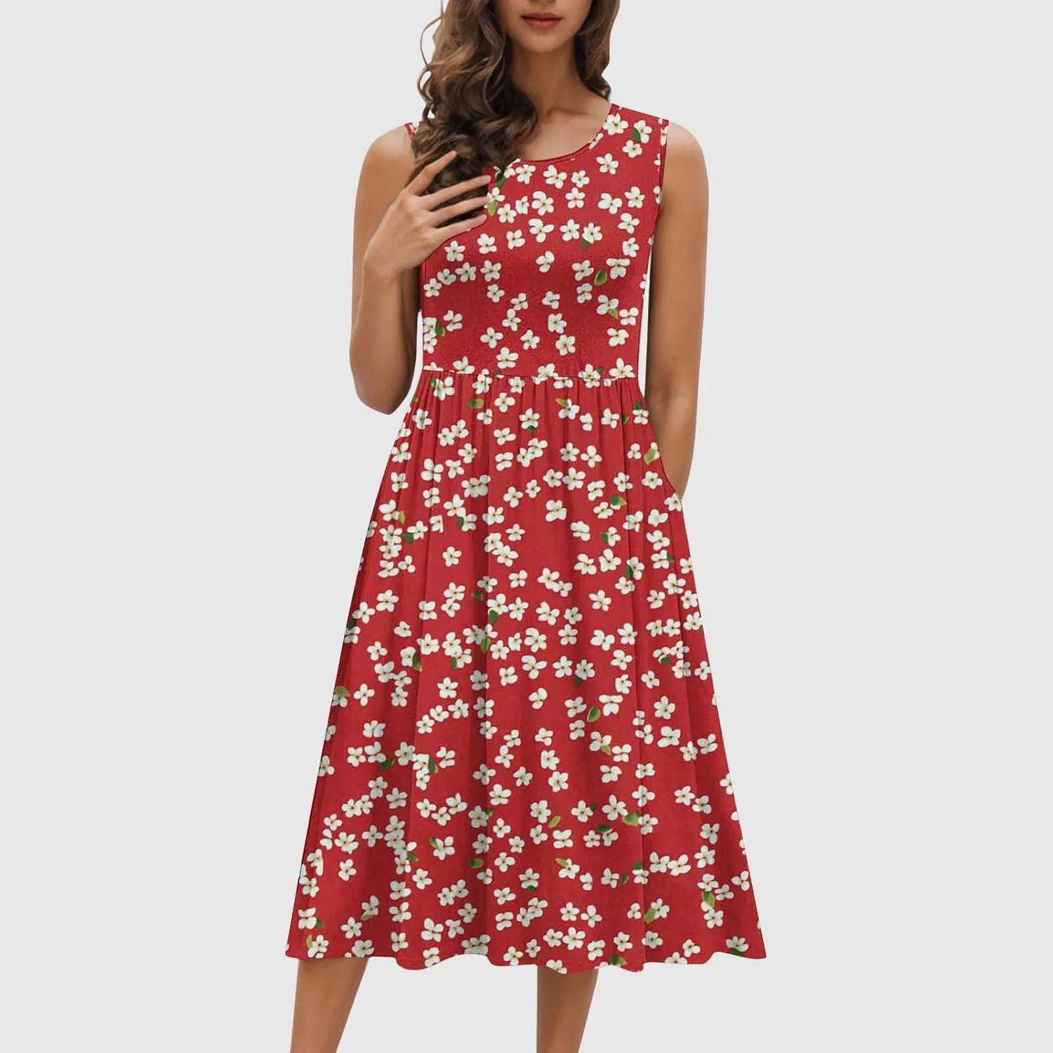 Women Patchwork Casual Dresses Fashion Floral Printed Skirt Summer Round Neck Sleeveless Pleated Beach Dress