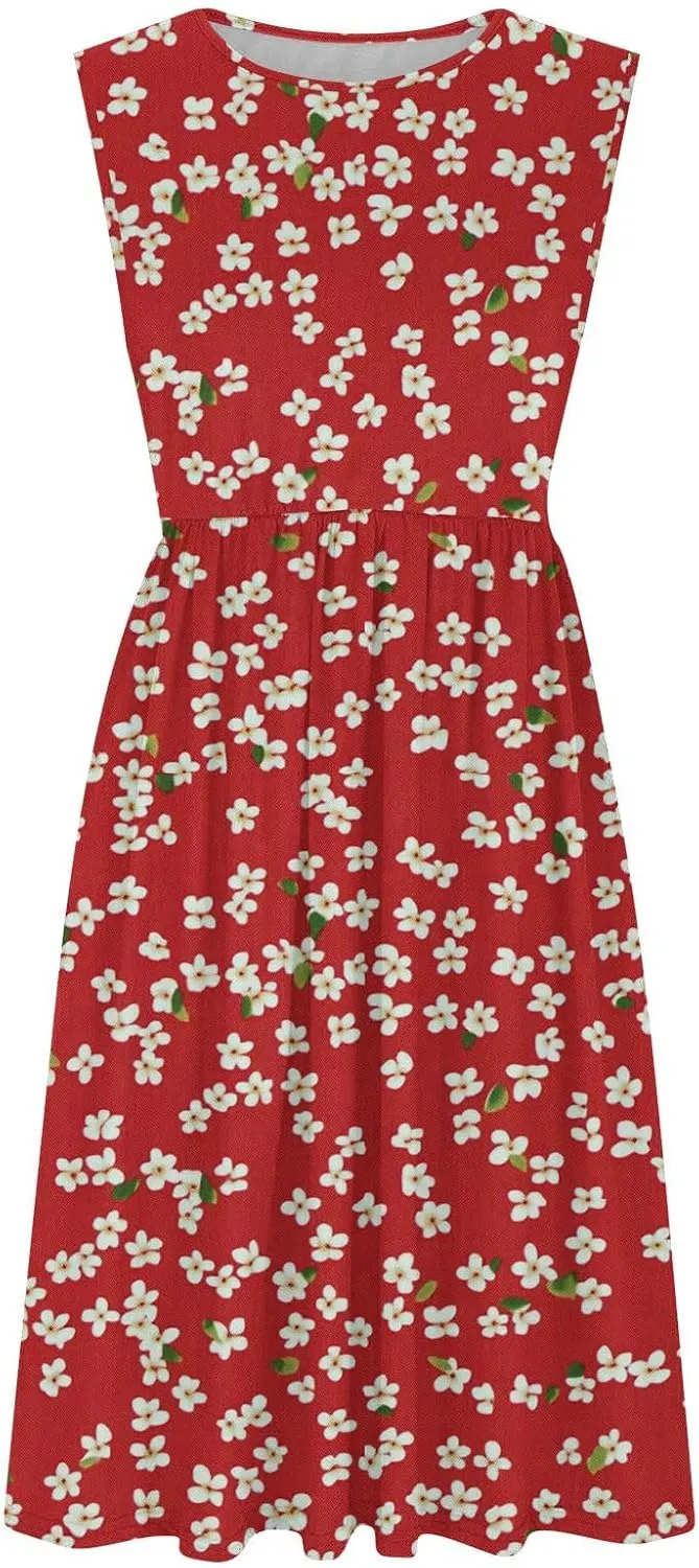 Women Patchwork Casual Dresses Fashion Floral Printed Skirt Summer Round Neck Sleeveless Pleated Beach Dress