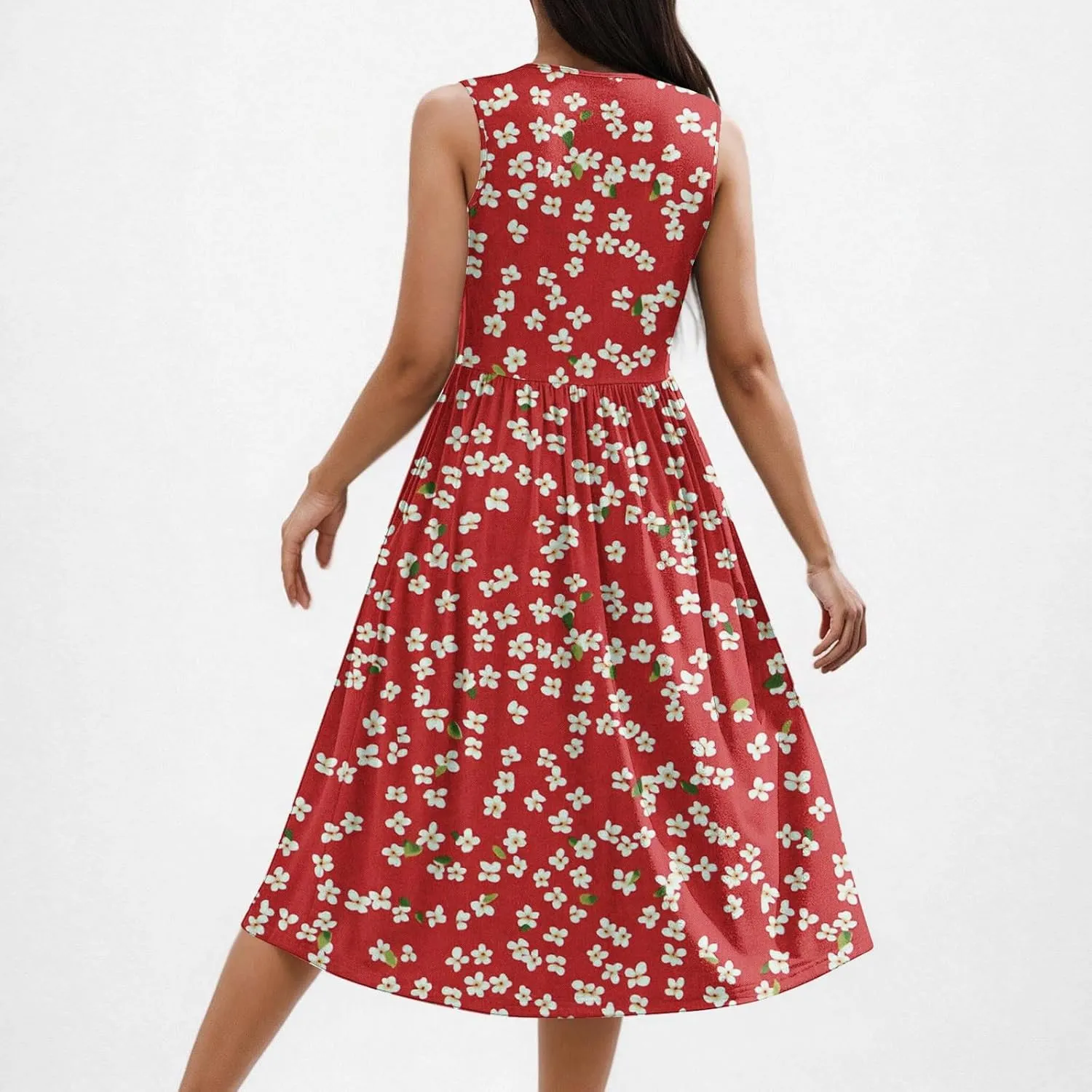 Women Patchwork Casual Dresses Fashion Floral Printed Skirt Summer Round Neck Sleeveless Pleated Beach Dress