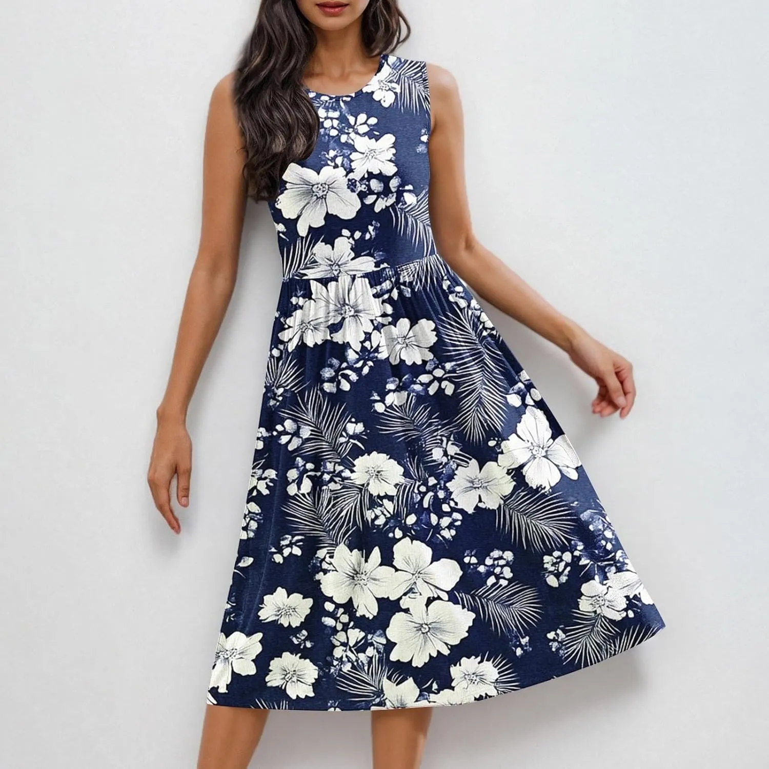 Women Patchwork Casual Dresses Fashion Floral Printed Skirt Summer Round Neck Sleeveless Pleated Beach Dress
