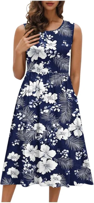 Women Patchwork Casual Dresses Fashion Floral Printed Skirt Summer Round Neck Sleeveless Pleated Beach Dress