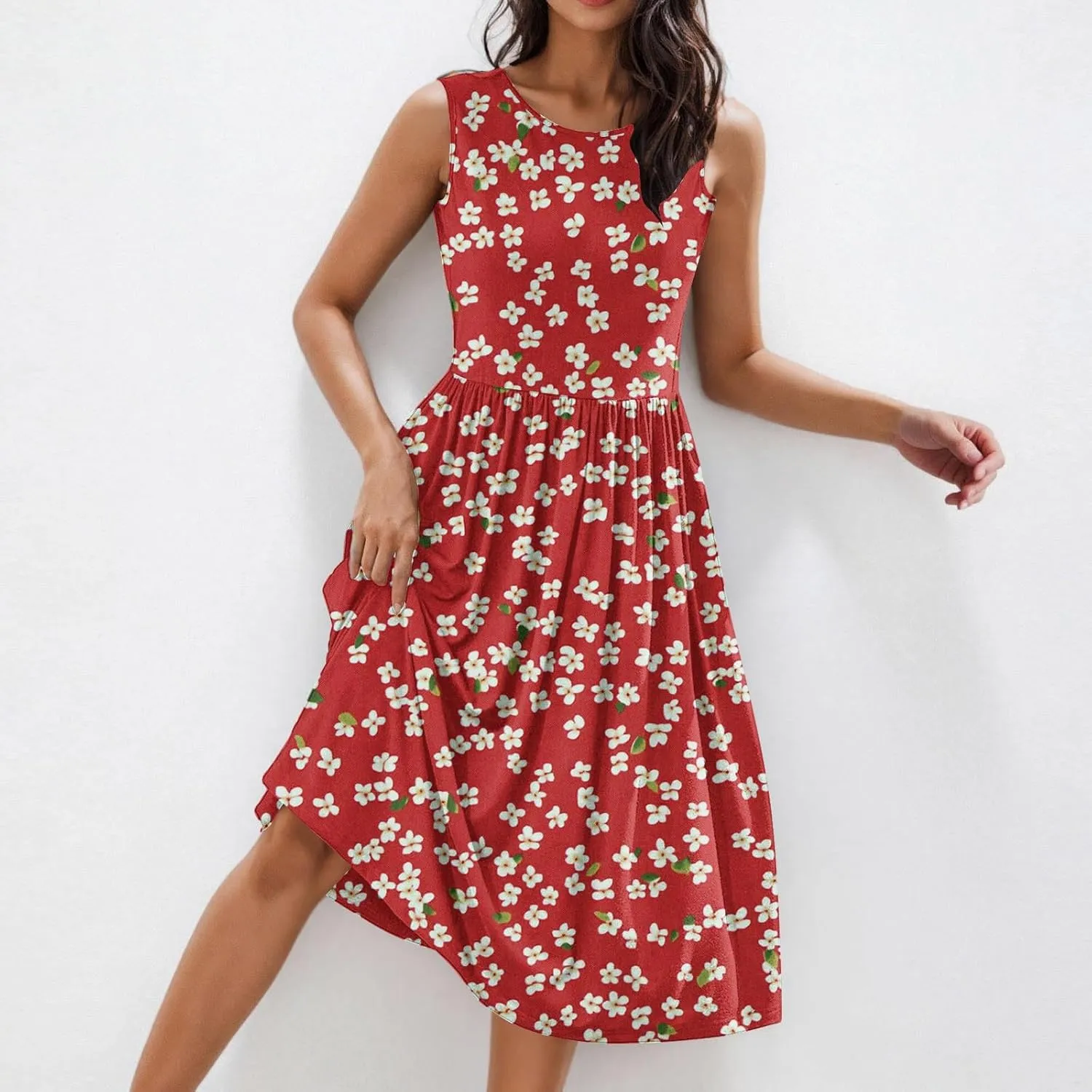 Women Patchwork Casual Dresses Fashion Floral Printed Skirt Summer Round Neck Sleeveless Pleated Beach Dress