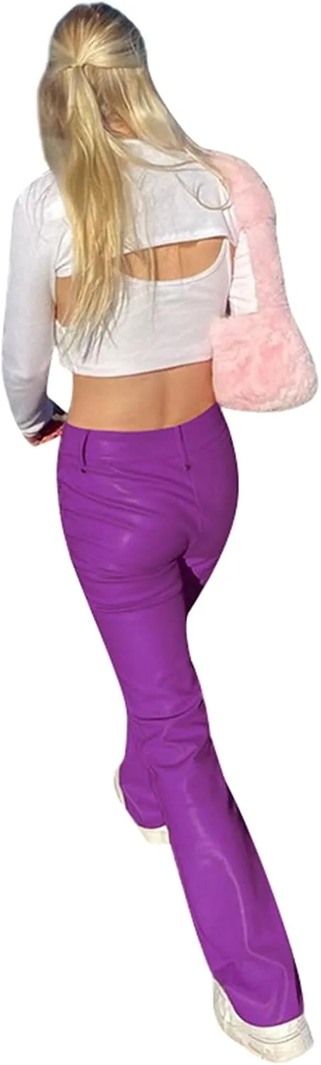 Women 's Faux Leather Slim Fit Straight Trousers Fashion Bandage Hollow High Waist Leather Pants