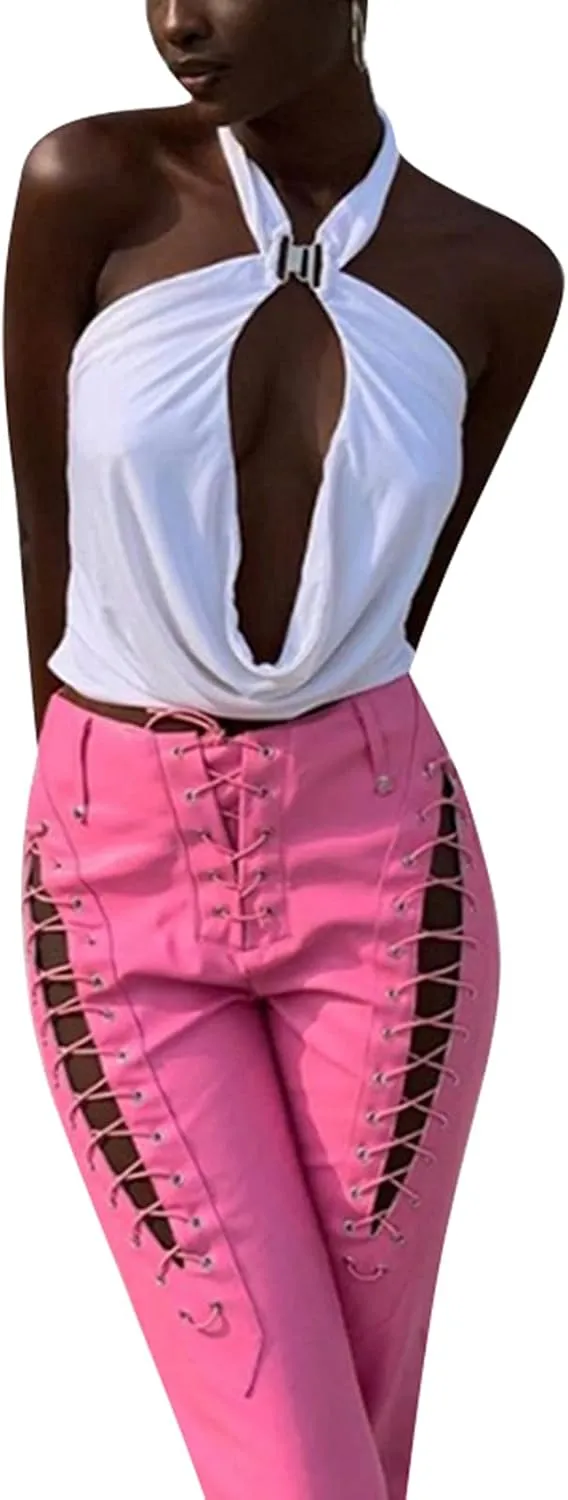 Women 's Faux Leather Slim Fit Straight Trousers Fashion Bandage Hollow High Waist Leather Pants