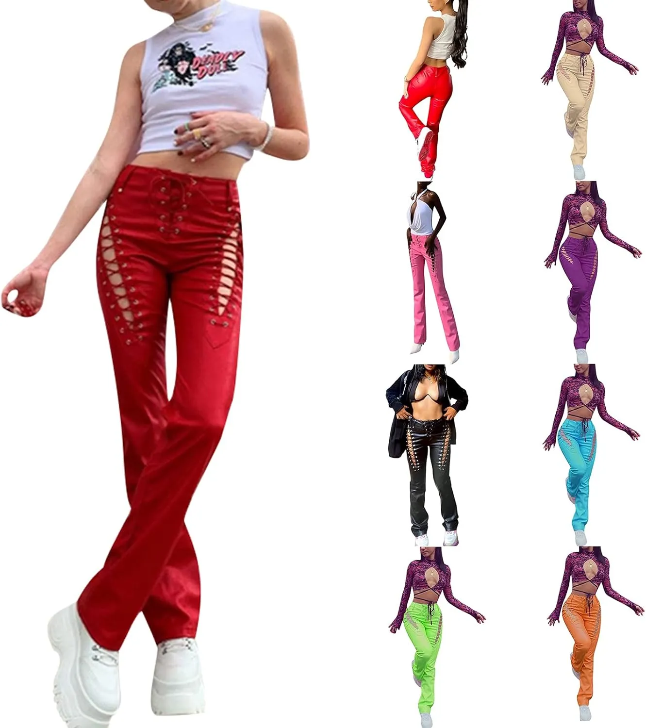 Women 's Faux Leather Slim Fit Straight Trousers Fashion Bandage Hollow High Waist Leather Pants