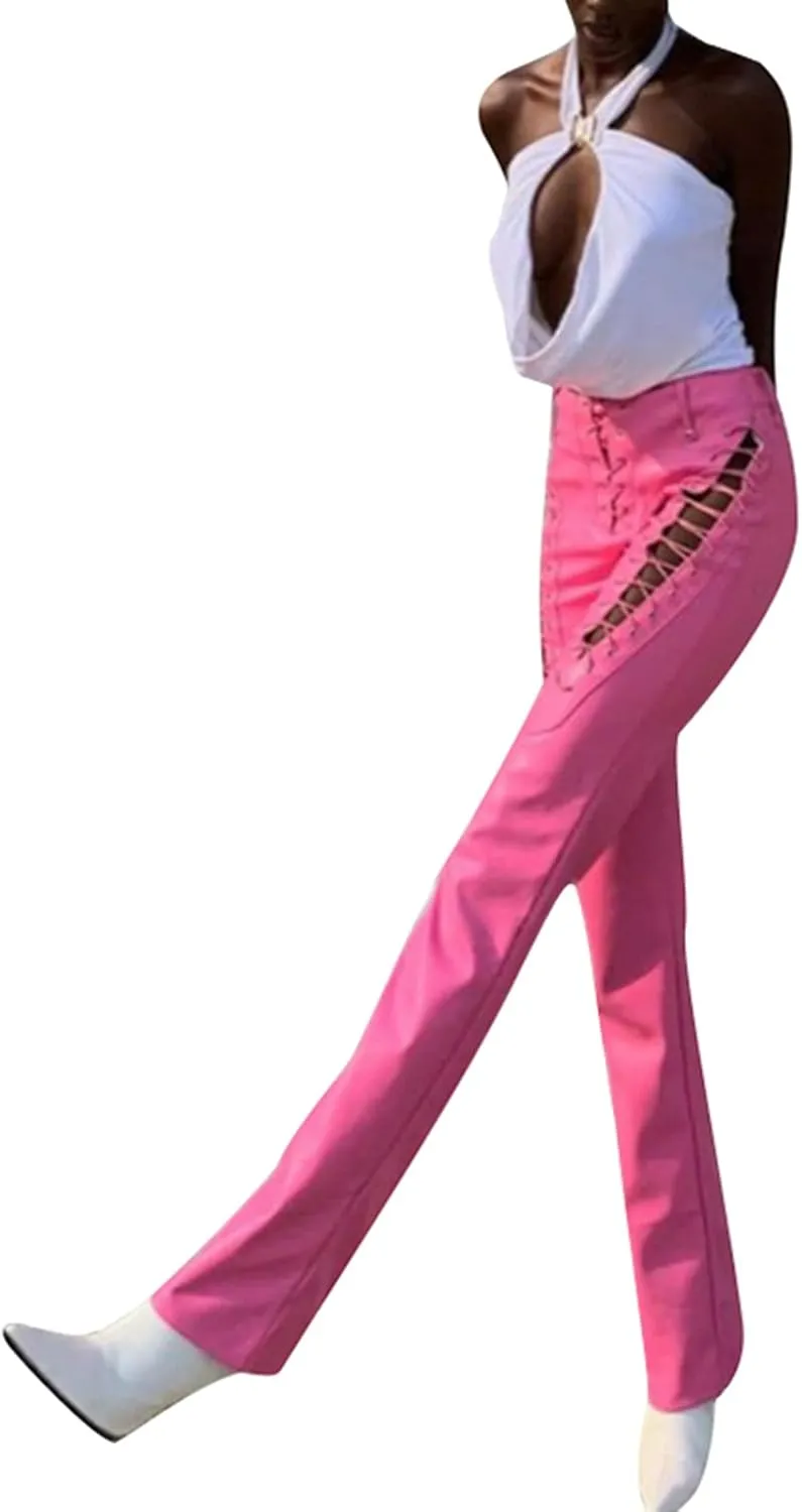 Women 's Faux Leather Slim Fit Straight Trousers Fashion Bandage Hollow High Waist Leather Pants