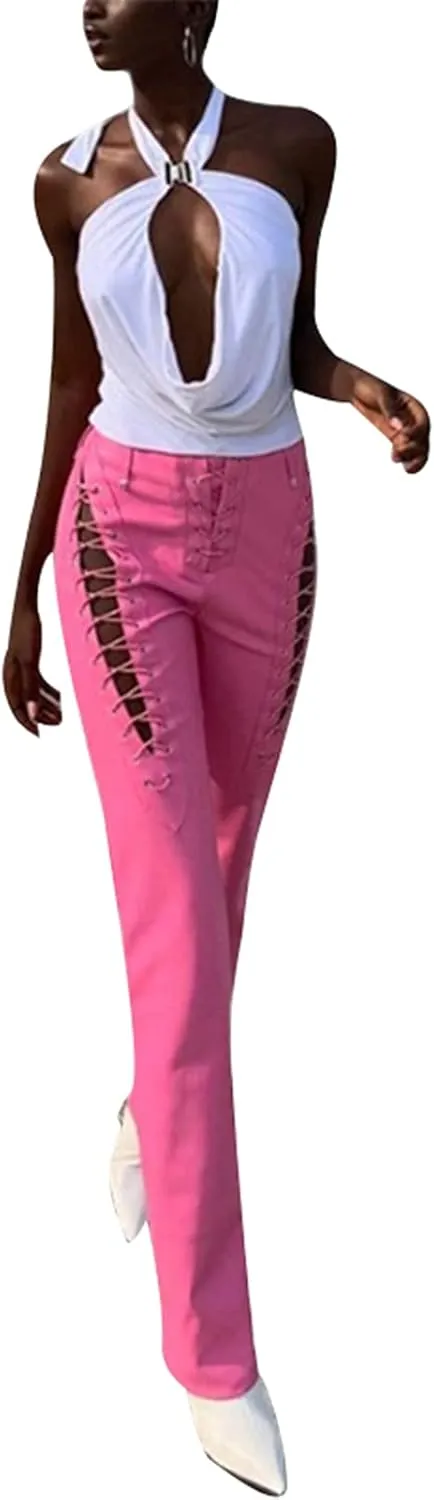 Women 's Faux Leather Slim Fit Straight Trousers Fashion Bandage Hollow High Waist Leather Pants
