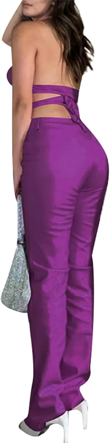 Women 's Faux Leather Slim Fit Straight Trousers Fashion Bandage Hollow High Waist Leather Pants