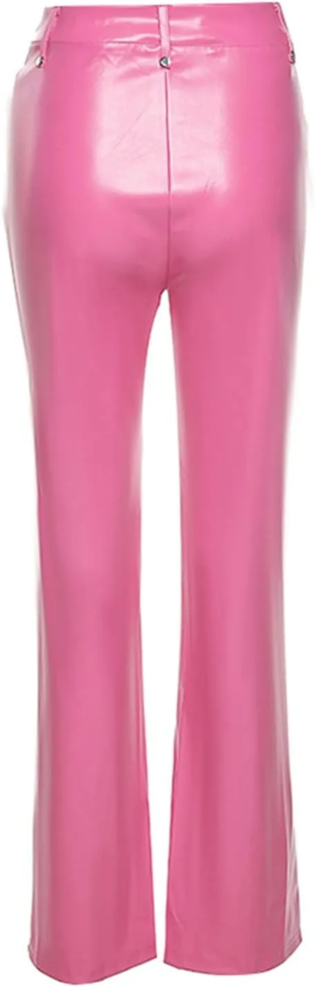 Women 's Faux Leather Slim Fit Straight Trousers Fashion Bandage Hollow High Waist Leather Pants