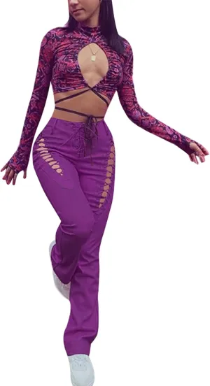 Women 's Faux Leather Slim Fit Straight Trousers Fashion Bandage Hollow High Waist Leather Pants