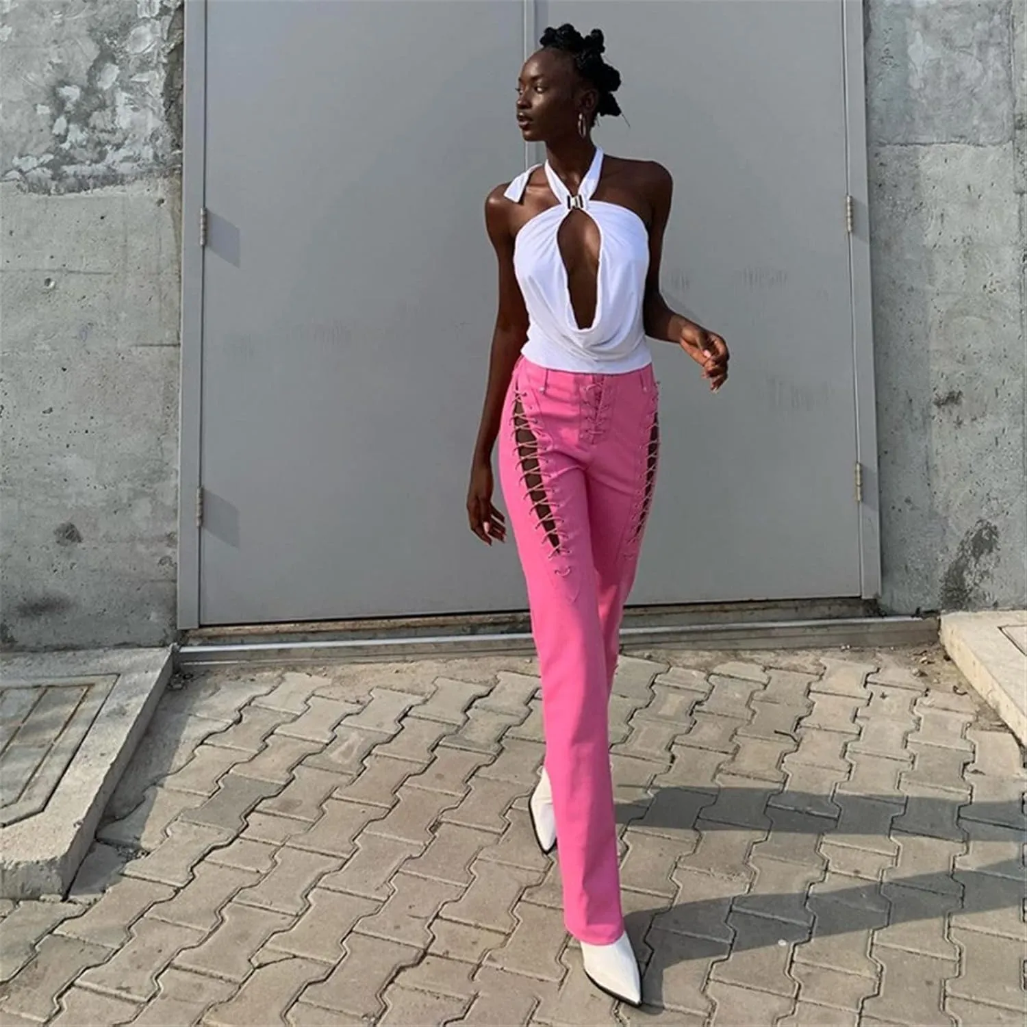 Women Sexy Faux Leather Pants Y2k Hollow Out Lace up High Waist PU Leggings E-Girl Punk Trousers Party Streetwear