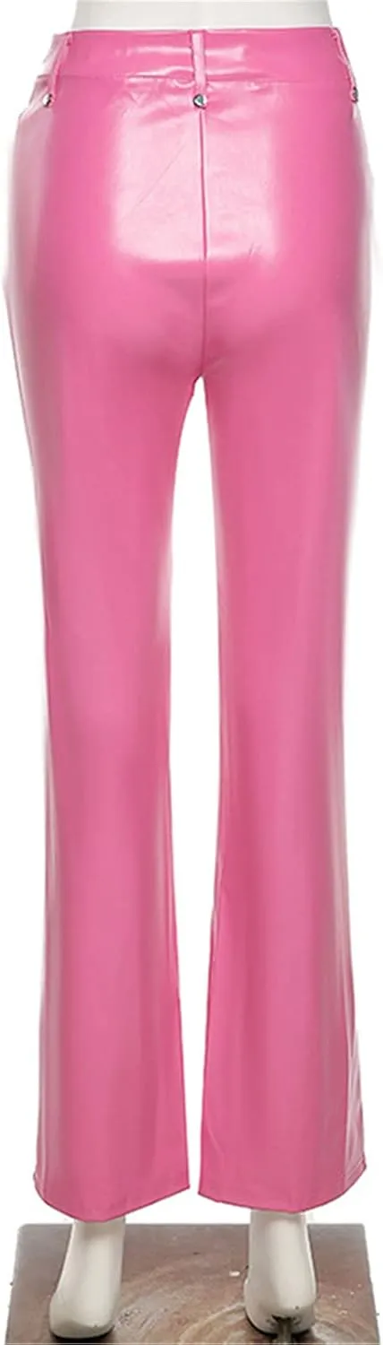 Women Sexy Faux Leather Pants Y2k Hollow Out Lace up High Waist PU Leggings E-Girl Punk Trousers Party Streetwear