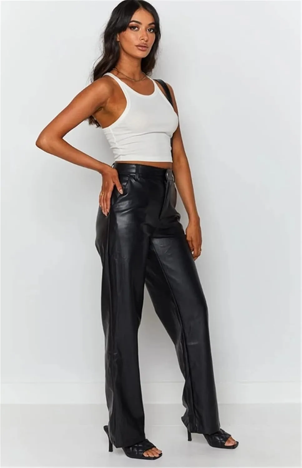 Women Sexy Faux Leather Pants Y2k Hollow Out Lace up High Waist PU Leggings E-Girl Punk Trousers Party Streetwear