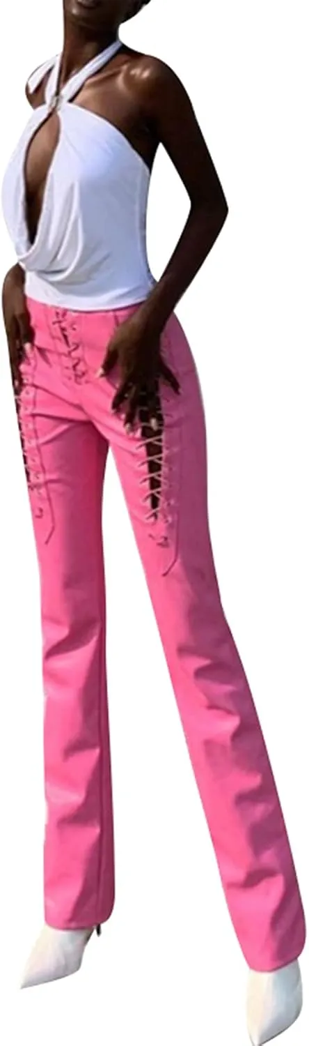 Women Sexy Faux Leather Pants Y2k Hollow Out Lace up High Waist PU Leggings E-Girl Punk Trousers Party Streetwear