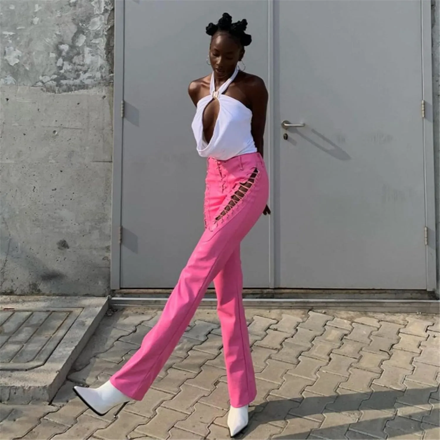 Women Sexy Faux Leather Pants Y2k Hollow Out Lace up High Waist PU Leggings E-Girl Punk Trousers Party Streetwear