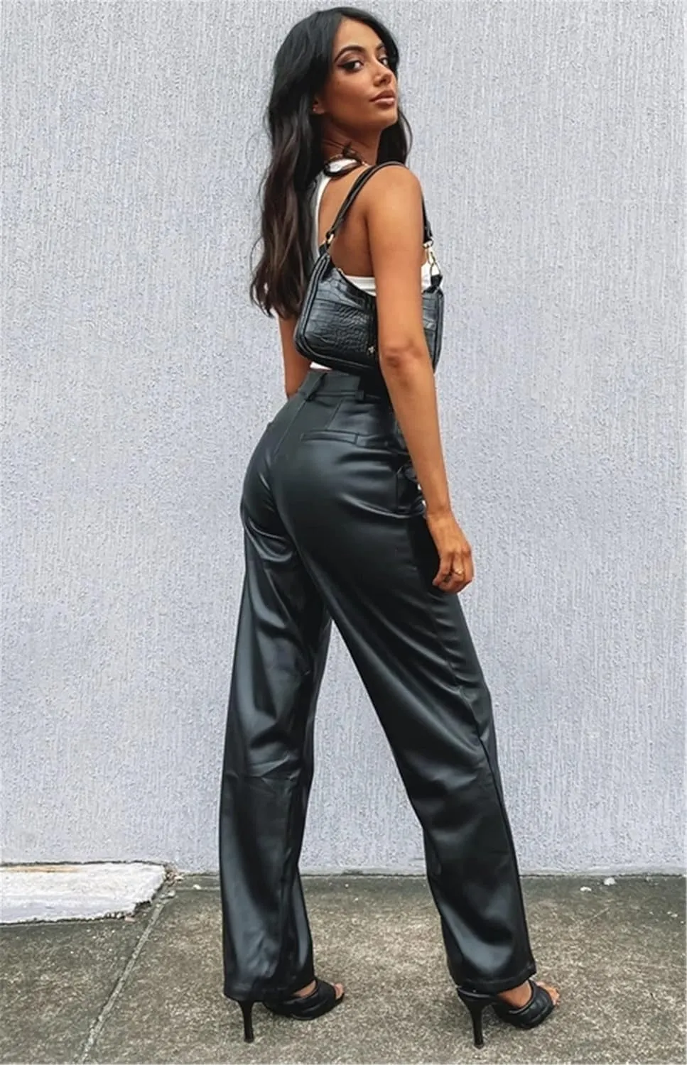 Women Sexy Faux Leather Pants Y2k Hollow Out Lace up High Waist PU Leggings E-Girl Punk Trousers Party Streetwear