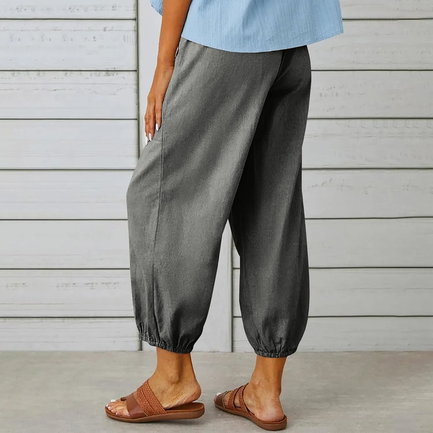 Women Summer Cotton Linen Pants Trousers Lantern Tapered Harem Pants Casual Loose Pull On Capri Pants with Pockets