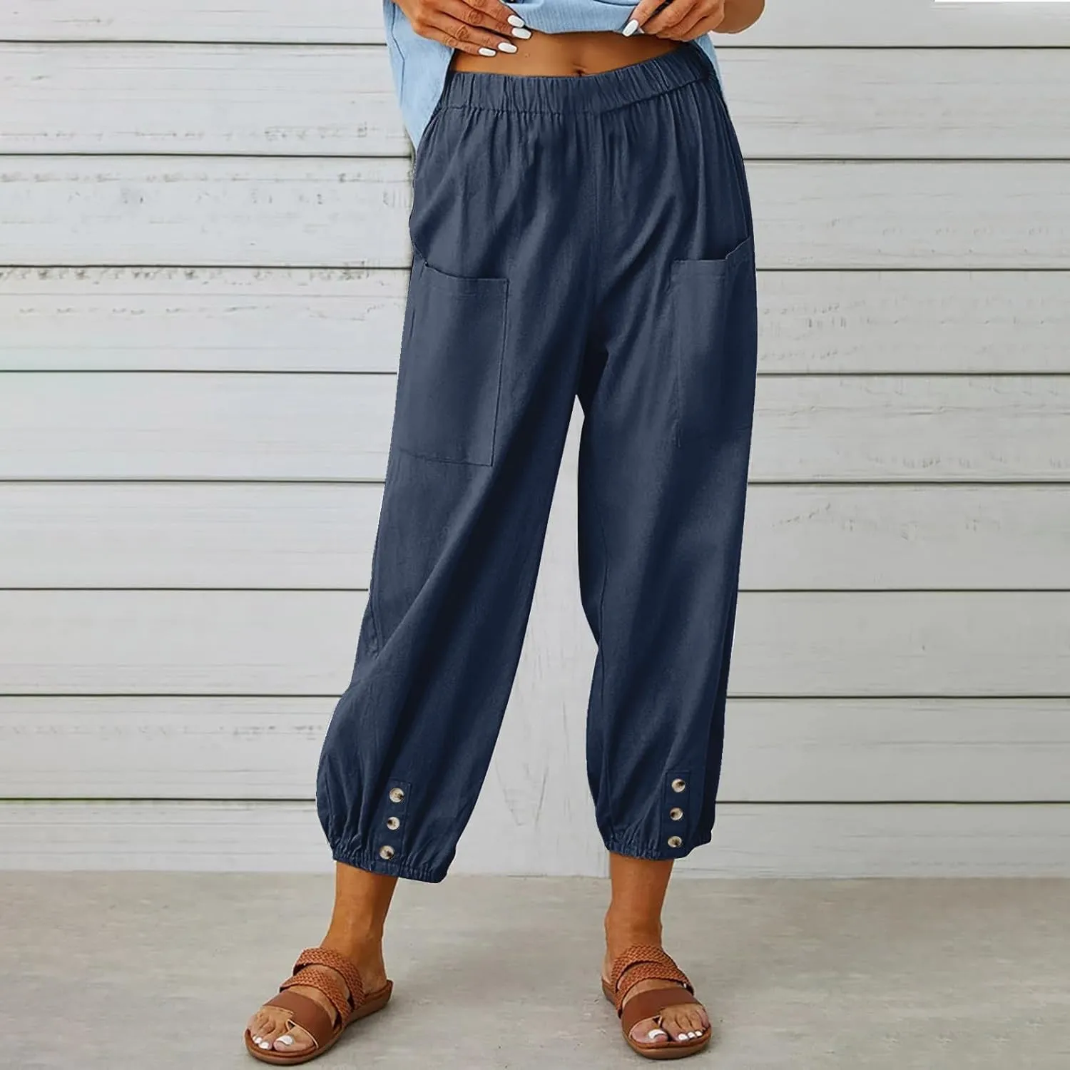 Women Summer Cotton Linen Pants Trousers Lantern Tapered Harem Pants Casual Loose Pull On Capri Pants with Pockets