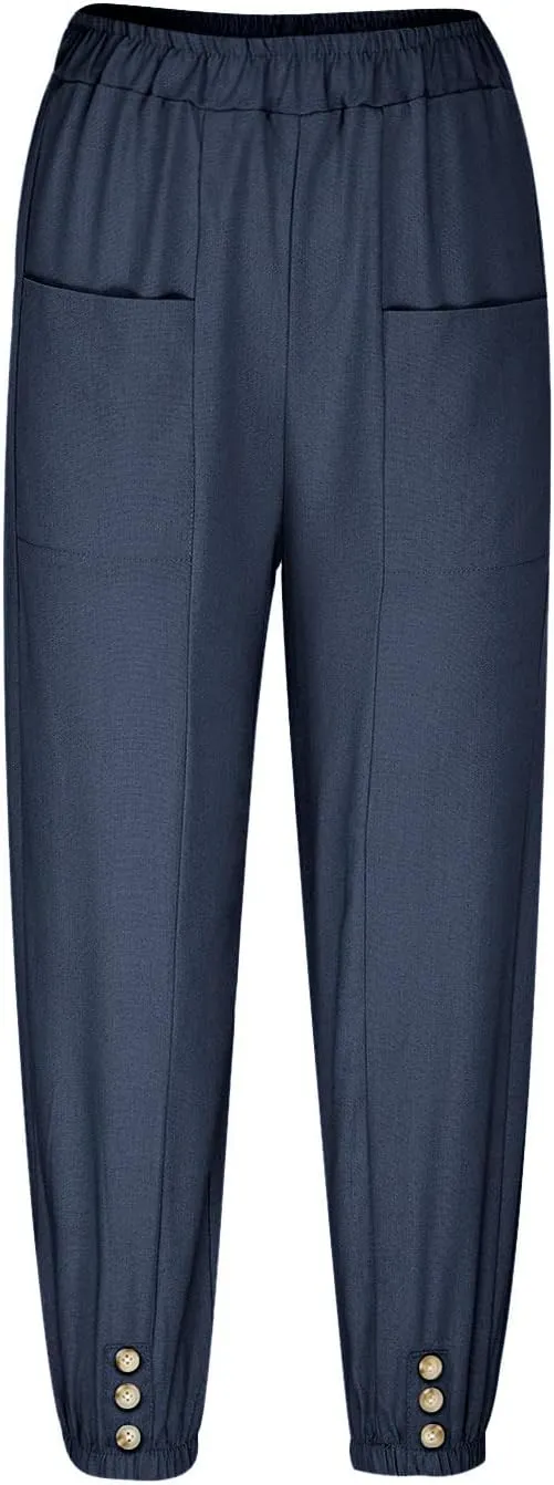 Women Summer Cotton Linen Pants Trousers Lantern Tapered Harem Pants Casual Loose Pull On Capri Pants with Pockets