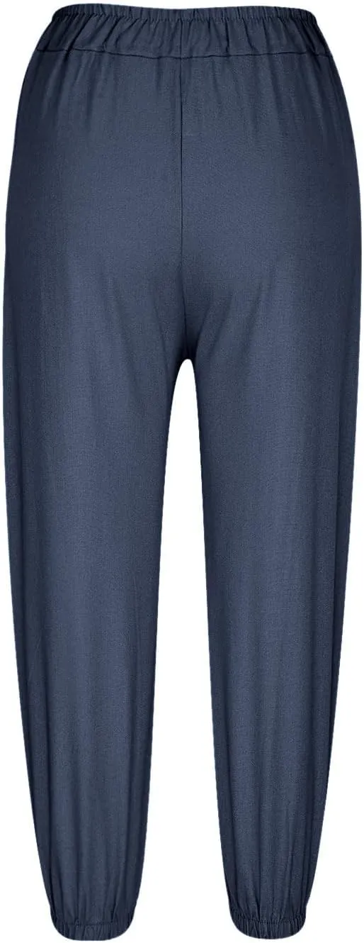 Women Summer Cotton Linen Pants Trousers Lantern Tapered Harem Pants Casual Loose Pull On Capri Pants with Pockets
