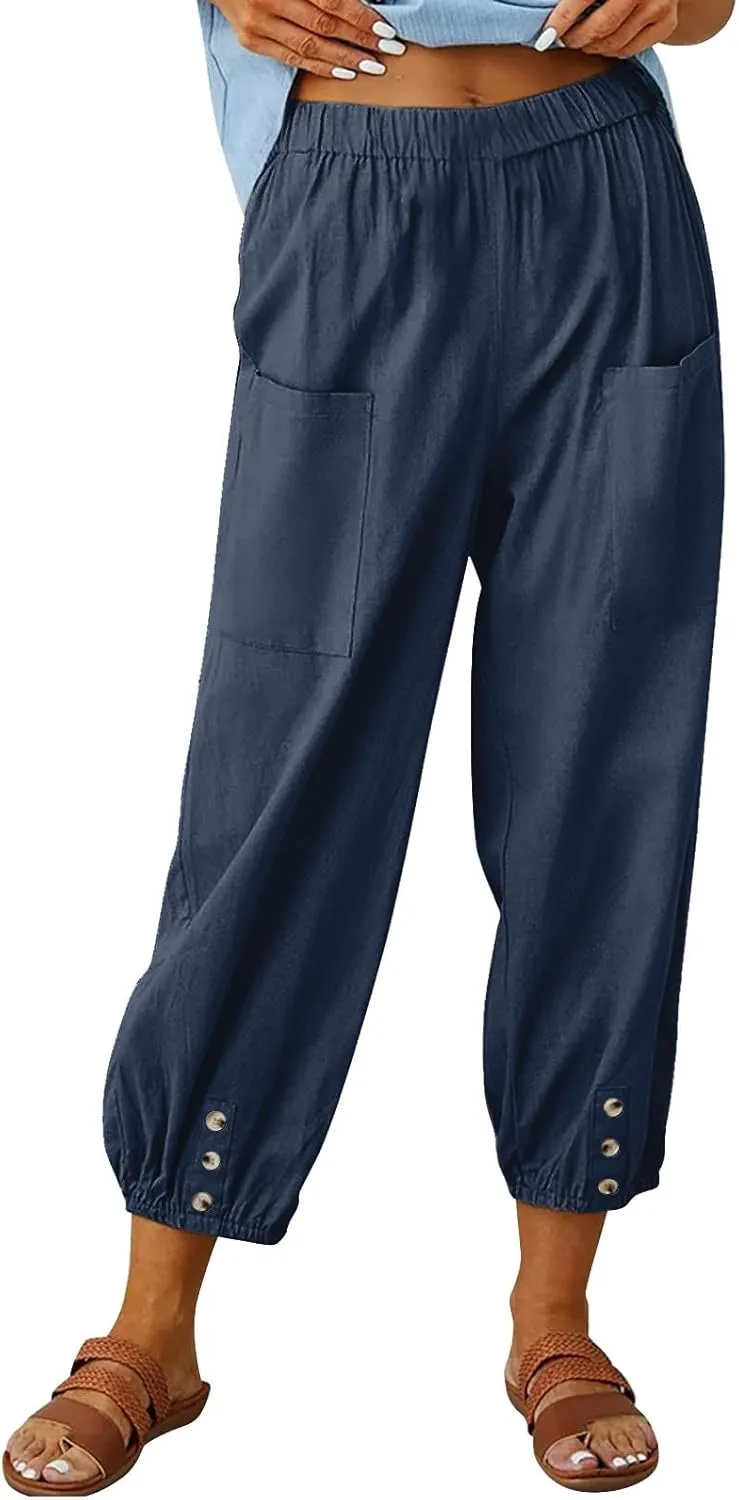 Women Summer Cotton Linen Pants Trousers Lantern Tapered Harem Pants Casual Loose Pull On Capri Pants with Pockets
