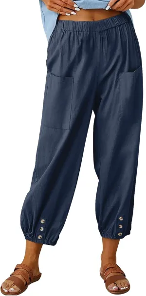 Women Summer Cotton Linen Pants Trousers Lantern Tapered Harem Pants Casual Loose Pull On Capri Pants with Pockets