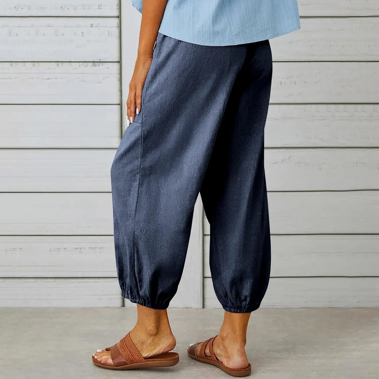 Women Summer Cotton Linen Pants Trousers Lantern Tapered Harem Pants Casual Loose Pull On Capri Pants with Pockets