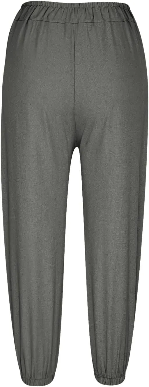 Women Summer Cotton Linen Pants Trousers Lantern Tapered Harem Pants Casual Loose Pull On Capri Pants with Pockets