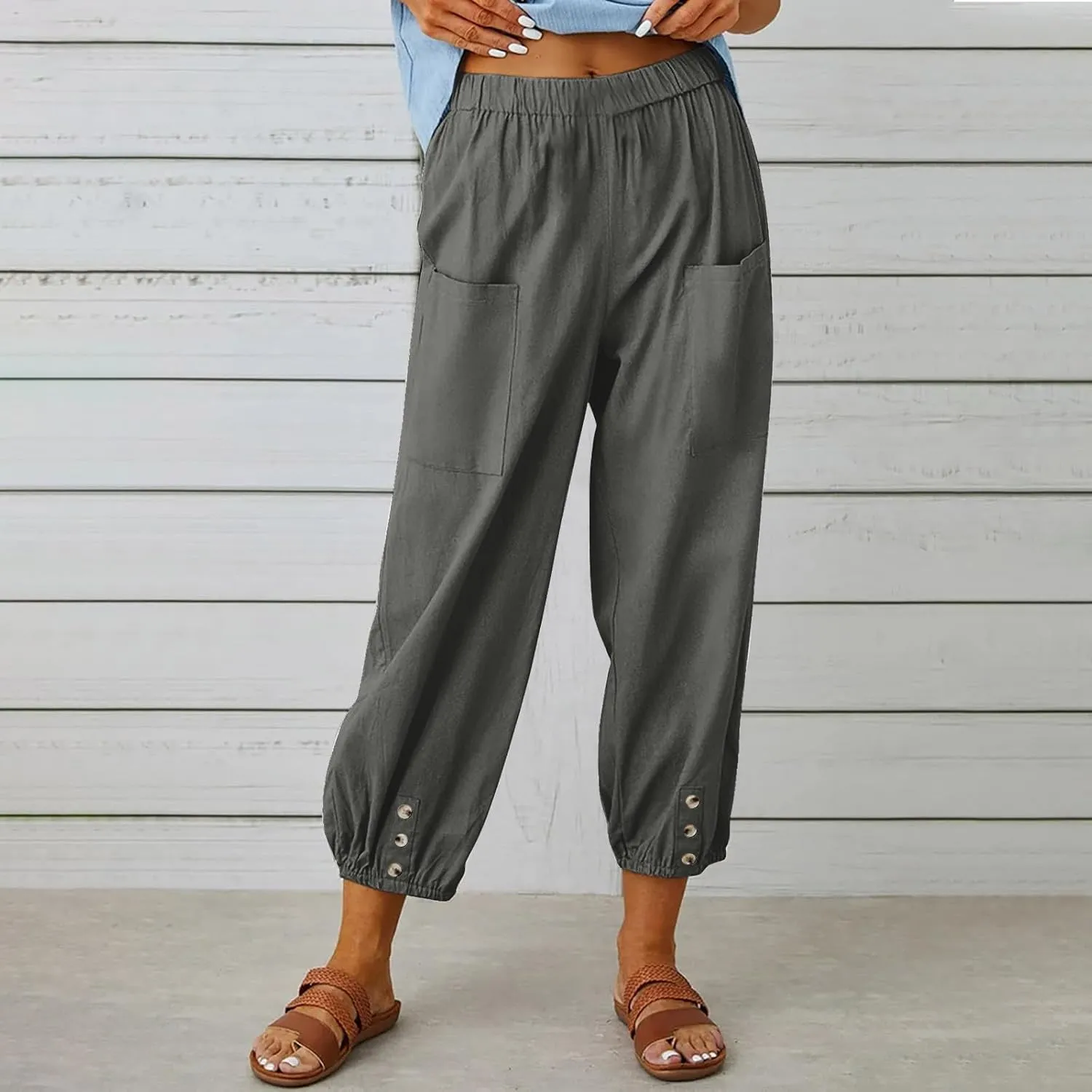 Women Summer Cotton Linen Pants Trousers Lantern Tapered Harem Pants Casual Loose Pull On Capri Pants with Pockets