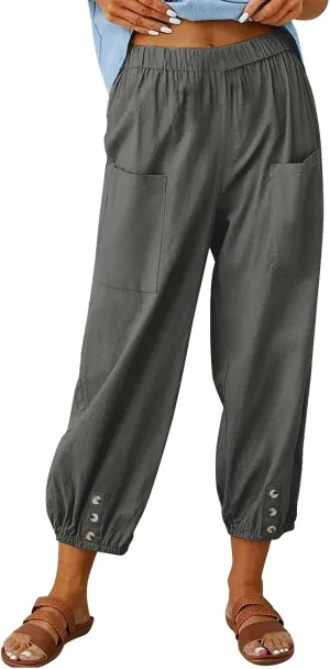 Women Summer Cotton Linen Pants Trousers Lantern Tapered Harem Pants Casual Loose Pull On Capri Pants with Pockets