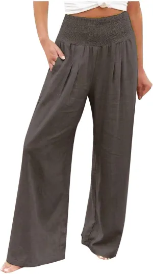 Women Summer Smocked Cotton Linen Palazzo Pants High Waisted Wide Leg Lounge Pant Boho Trousers Joggers with Pockets