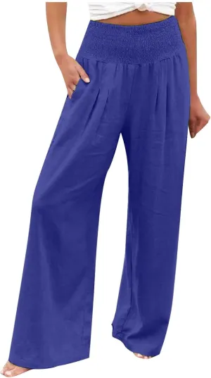 Women Summer Smocked Cotton Linen Palazzo Pants High Waisted Wide Leg Lounge Pant Boho Trousers Joggers with Pockets