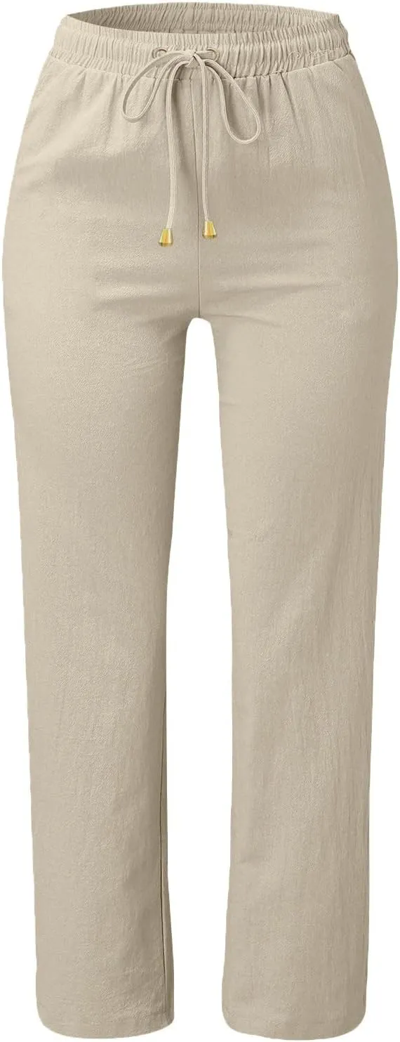 Women Trouser Pants High Waist Vintage Dressy Wide Leg Casual Loose Fit Pants Comfy Solid Linen Summer Boho Trouser