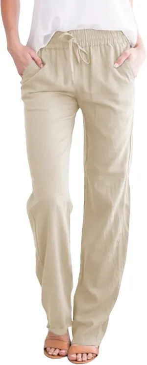 Women Trouser Pants High Waist Vintage Dressy Wide Leg Casual Loose Fit Pants Comfy Solid Linen Summer Boho Trouser