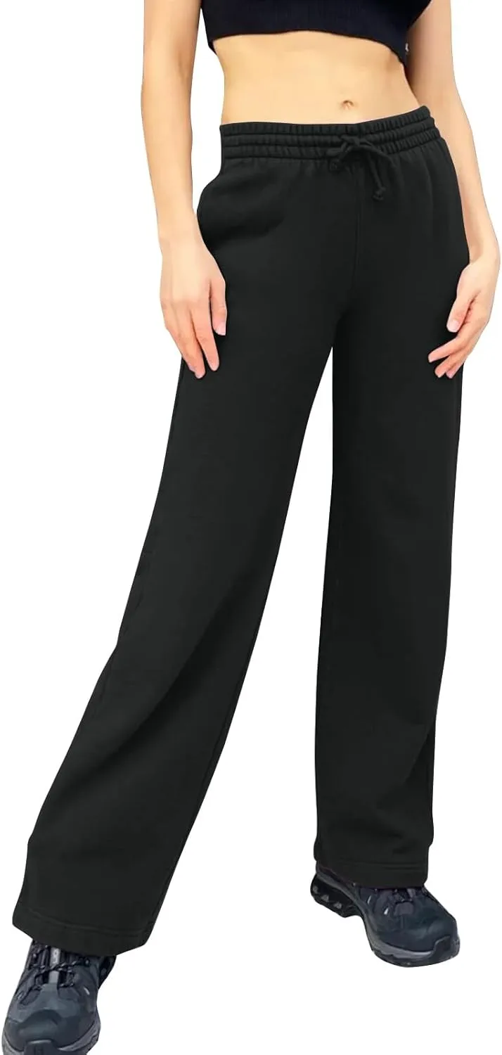 Women Wide Leg Sweatpants Cozy Fleece Boyfriend Basic Sweatpant Causal Drawstring High Waist Baggy Straight Leg Jogger