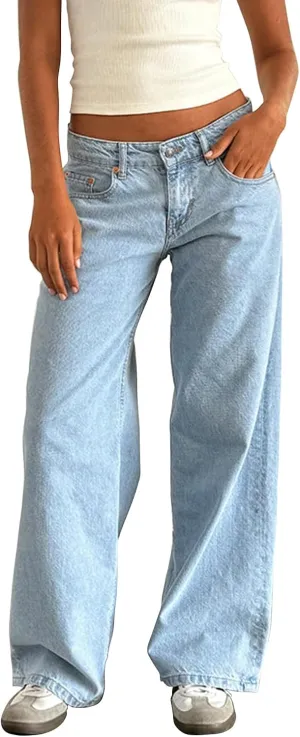 Women Y2k Low Rise Baggy Jeans Loose Fit Boyfriend Straight Wide Leg Jeans Trendy Stretch Long Denim Pants