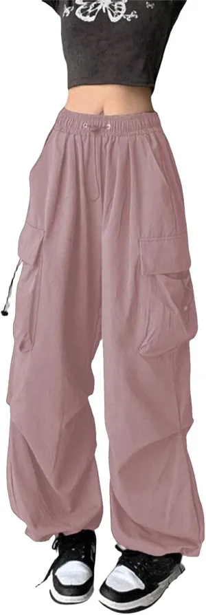 Women Y2K Retro Cargo Pants High Waist Wide Leg Pants Streetwear Punk Mopping Baggy Trousers Hip Hop Parachute Pants