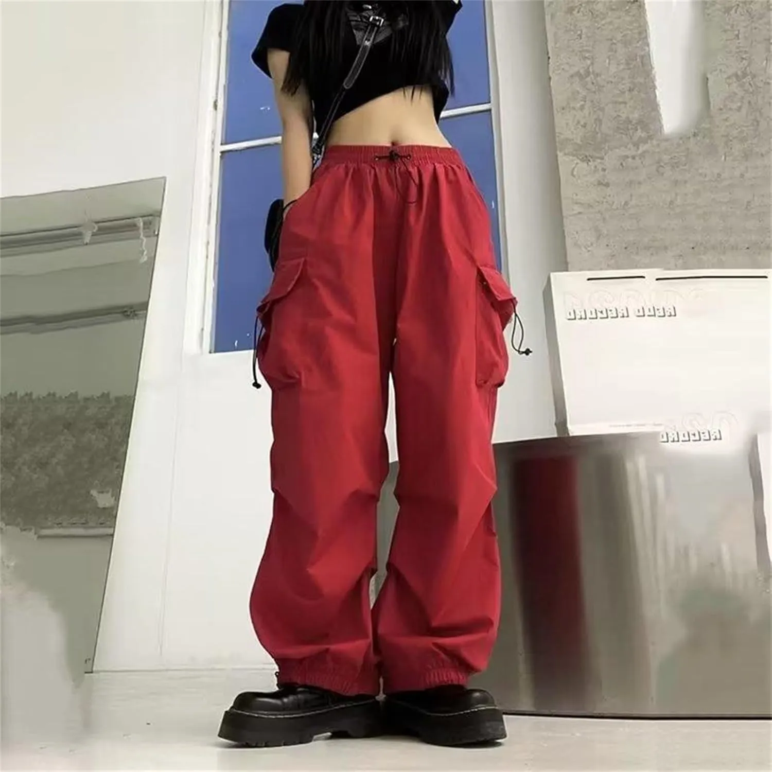 Women Y2K Retro Cargo Pants High Waist Wide Leg Pants Streetwear Punk Mopping Baggy Trousers Hip Hop Parachute Pants